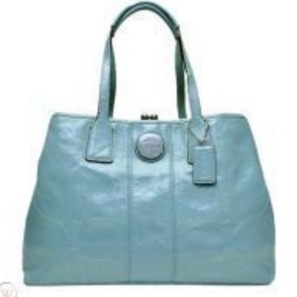 COACH purse blue patent signature framed carryall bag